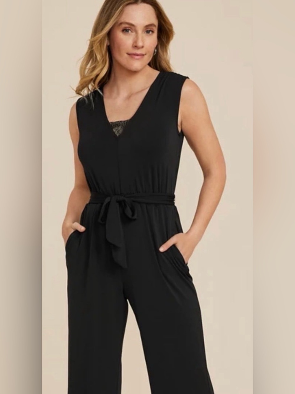 Maurices Lace Trim Women’s Sleeveless Black Jumpsuit Stretchy Material Large